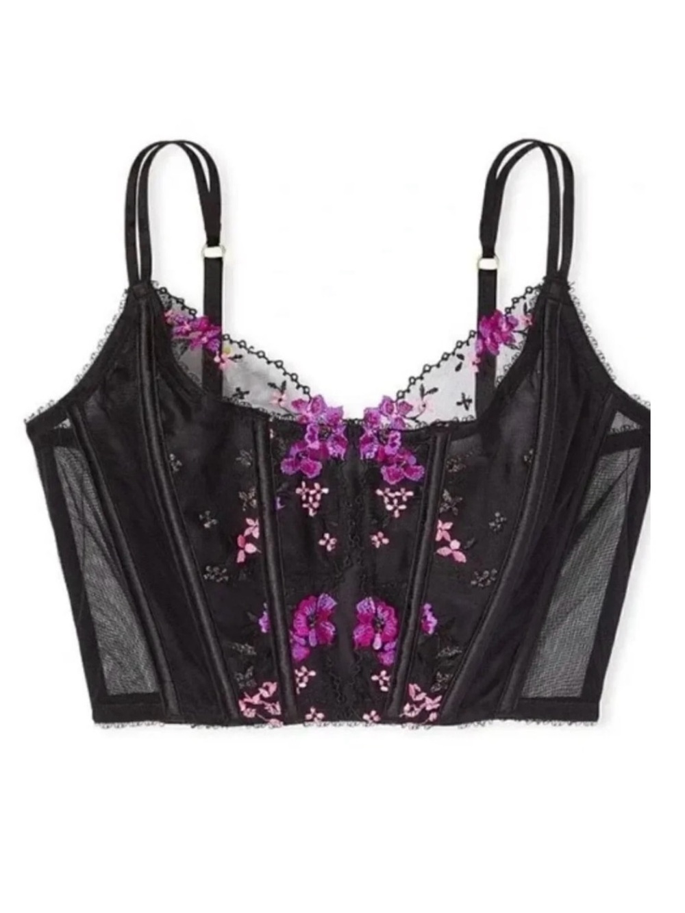 Victoria’s Secret Very Sexy Floral Embroidered Corset Bustier LG Black Mesh
